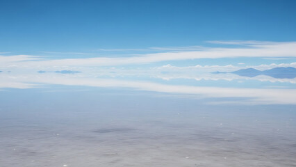 Surreal landscape of a vast flooded salt flat reflecting the blue sky, creating a seamless infinity mirror