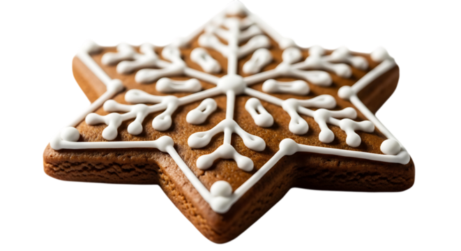 Delicious star shaped gingerbread cookie decorated with white icing isolated on transparent background