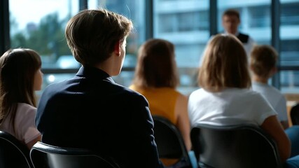 Partial view of instructor's silhouette with clear focused students listening during public speaking workshop, with copy space