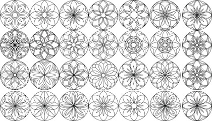 Set of abstract circular geometric floral mandala patterns, black outline ornament collection, isolated cad drawing flat vector illustration design