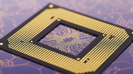CPU processor chip on circuit board. AI and big data technology concept. 3D render illustration.