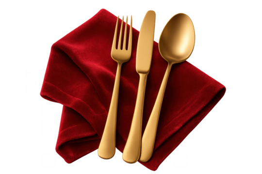 Gold cutlery set on red napkin, transparent background