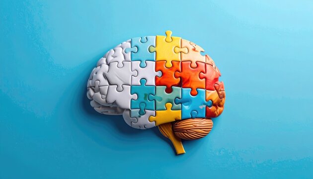 A visual representation of the human brain as a puzzle, highlighting cognitive function and mental health. The puzzle pieces fit together to create a cohesive image