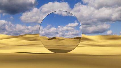 Round mirror reflecting dynamic clouds on Desert Dunes 3D render