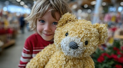 A joyful child hugs a fluffy yellow teddy bear tightly, showcasing an innocent smile that radiates warmth and happiness, encapsulating the pure joy of childhood.