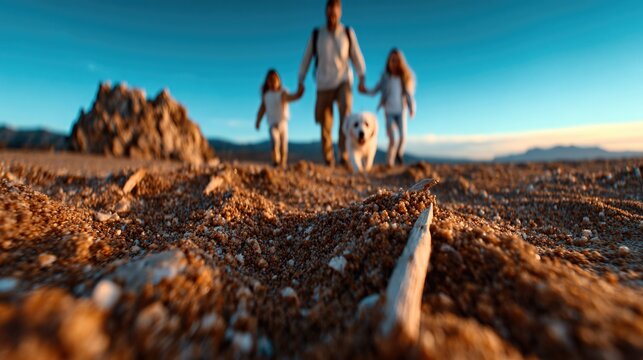 A joyful family strolls along the sandy beach, hand in hand with their fluffy dog. The beautiful landscape captures a perfect day, embodying happiness and togetherness. - Powered by Adobe