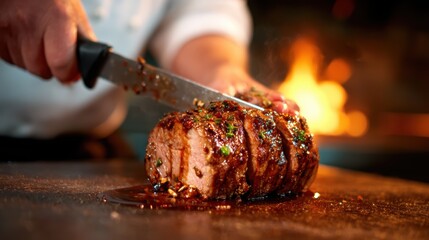 An expert chef skillfully slices a succulent roast in a warm kitchen, with flames and rich aromas filling the air, showcasing culinary artistry and a passion for cooking.