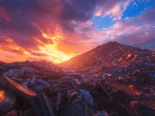 Sunset over a vast landfill highlighting the impact of waste on the environment