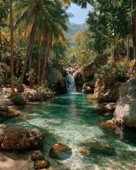 Naklejka premium Serene waterfall surrounded by lush greenery.