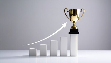 A golden trophy atop a bar graph with an arrow, symbolizing growth and success. This image represents business achievements, goal attainment, and upward progress. 