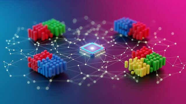 Central processor unit processing big data blocks on a decentralized digital network. 3D render. - Powered by Adobe