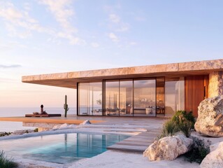 Modern seaside villa with infinity pool and scenic view at sunset