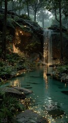 Naklejka premium Serene waterfall in tranquil forest setting.