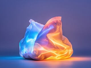 Colorful translucent bags illuminated against a blue and orange background in a creative artistic display