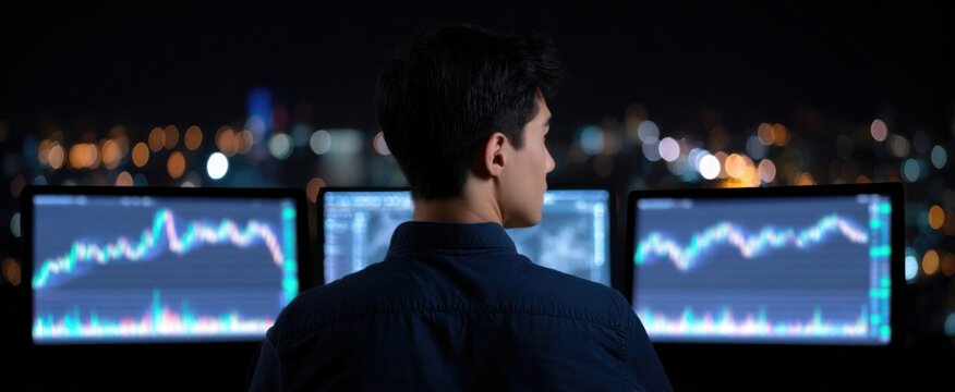 trader analyzing financial graphs on twin monitors in a nighttime setting - Powered by Adobe