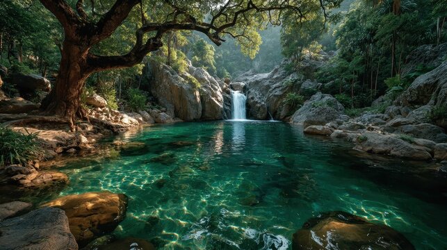 Serene waterfall in lush green forest.