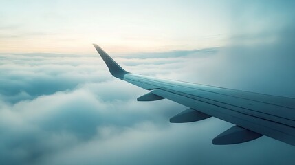 Fototapeta premium Airplane Wing Above Clouds During Sunset, Scenic Sky View, Calm Atmosphere, Travel Experience, Adventure Journey, Peaceful Moment, Dreamy Landscape