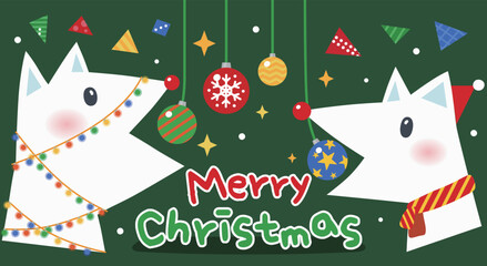 Festive White Foxes and Colorful 
Ornament illustration