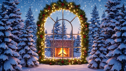 Gothic cathedral facade with a Christmas tree in the ancient stone arch entrance and another visible in the window