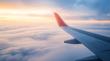 Obraz premium Aerial View from an Airplane Wing Above Soft Clouds at Sunset with Beautiful Orange and Blue Hues in the Sky during a Tranquil Flight Experience