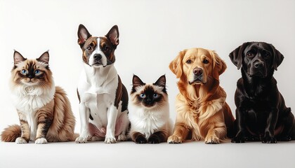Fototapeta premium Detailed digital illustration of five diverse domestic pets: two blue-eyed Ragdoll cats, a Golden Retriever, a Black Labrador, and a mixed-breed dog, sitting together on a bright white studio backgrou