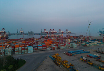 Aerial view of the cargo terminal of Tianjin Port at dusk	