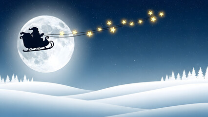 Santa Claus Flying Sleigh Silhouette Against Large Full Moon and Snowy Landscape