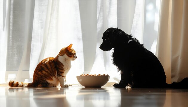 High-contrast silhouette of a black dog facing an orange tabby cat over a food bowl, dramatically backlit by bright morning sunlight streaming through sheer white window curtains onto a reflective woo