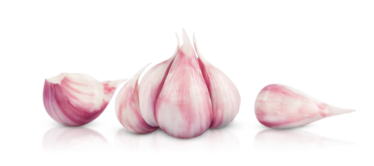 peeled garlic head with cloves is isolated on  a transparent background