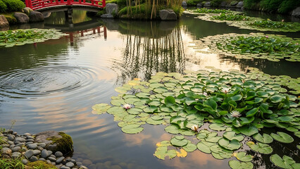 Tranquil Japanese Garden Pond with Red Bridge and Water Lilies