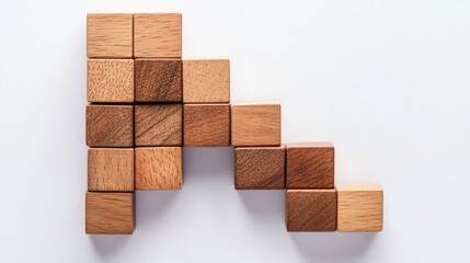 Creative arrangement of wooden blocks in a staircase formation, showcasing natural textures and colors in a visually appealing design for backgrounds or concepts