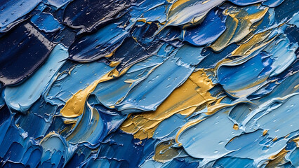 Dynamic strokes of thick impasto oil paint in luxurious blue and golden hues