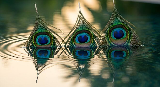 Three Peacock Feathers Floating in Water with Symmetrical Ripple Reflections - Powered by Adobe