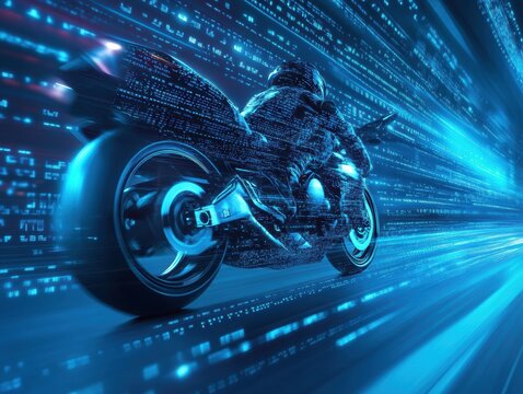 Motorcycle racing through a digital landscape at night with blue light trails