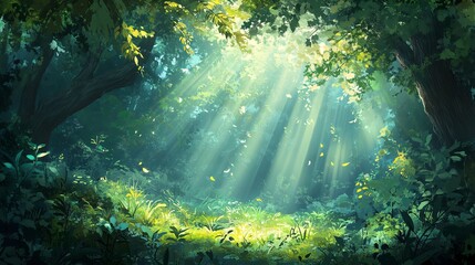 Obraz premium Sunlight Beams in Lush Green Forest with Butterflies