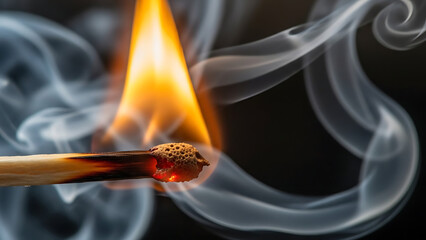 Burning Match with Smoke Close-up on Black Background - Fire, Ignition, Flame