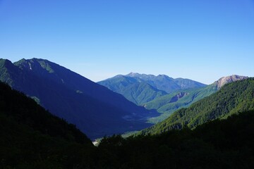 北アルプス　岳沢から望む上高地　　霞沢岳　乗鞍岳　焼岳