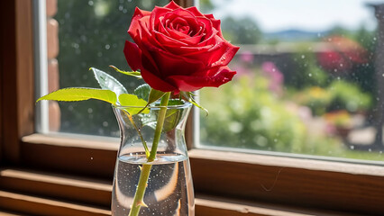 Vivid Red Rose in a Glass Vase by the Window with a Sunny Garden View