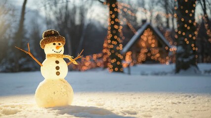 Charming snowman with a knitted hat standing in a snowy field surrounded by twinkling holiday lights on trees and a cozy cabin illuminated by soft winter sunlight. - Powered by Adobe