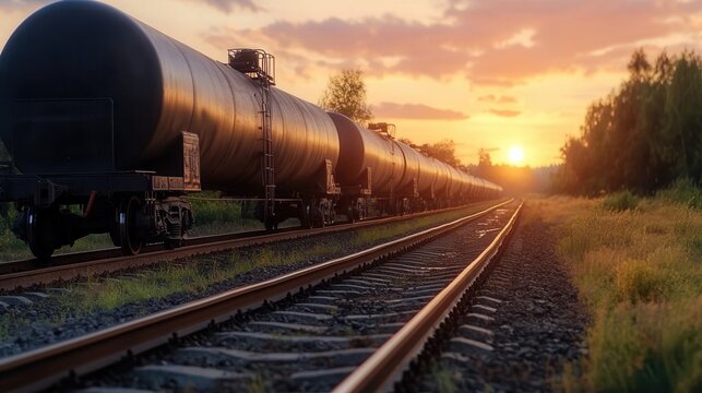 Oil tank cars travel along the railway at sunset creating a scenic view of natural beauty and transportation