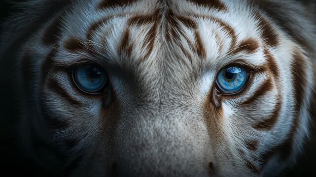 Close-up of a majestic white tiger with striking blue eyes showcasing intricate fur patterns and textures in soft natural light against a dark background emphasizing details of its facial features