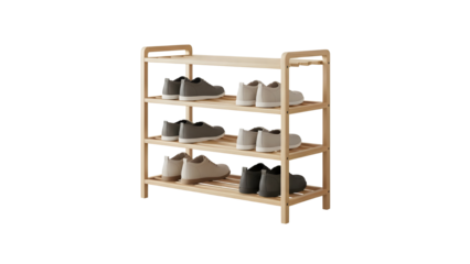 Four-Tier Light Wooden Shoe Rack Organizer with Casual Shoes Isolated on White Background