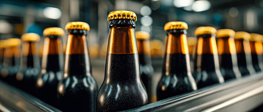 Bottles of craft beer lined up in a brewery production area on a sunny afternoon