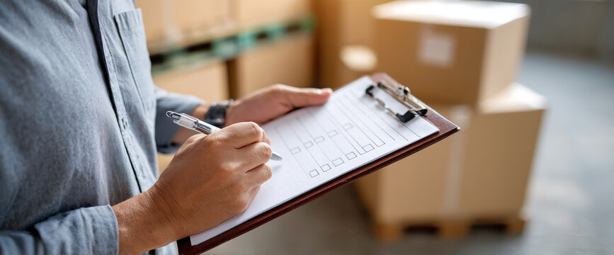 Person holding clipboard with checklist and pen in warehouse environment with stacked cardboard boxes in background
