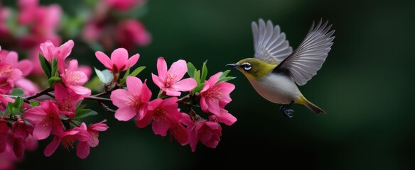 Fototapeta premium Tiny bird hovers near vibrant blossoms suspended in midair motion.