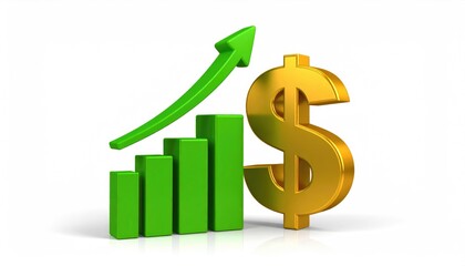 Fototapeta premium The upward trend of the financial performance depicted by a golden dollar symbol and a green rising bar chart. Represents financial growth, prosperity, and success in the business world