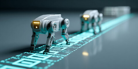 Futuristic robotic quadrupeds walking on illuminated digital circuit pathway in a high-tech environment with glowing lights