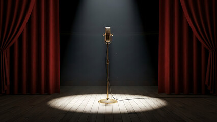 Classic retro microphone on a theater stage under a bright spotlight before the show