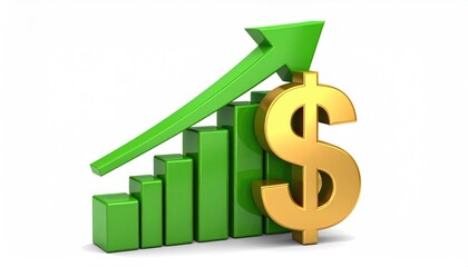 Obraz premium Financial growth is represented by an ascending bar chart and dollar sign, with a rising green arrow that symbolizes prosperity and success in a business context.