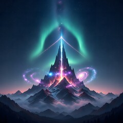 Generative AI Mystical Mountain Peak Aurora Borealis Aurora borealis Northern lights Galaxy Stars Night sky Landscape Scenery Energy Light Cosmic Universe Snow Fog - Download Now